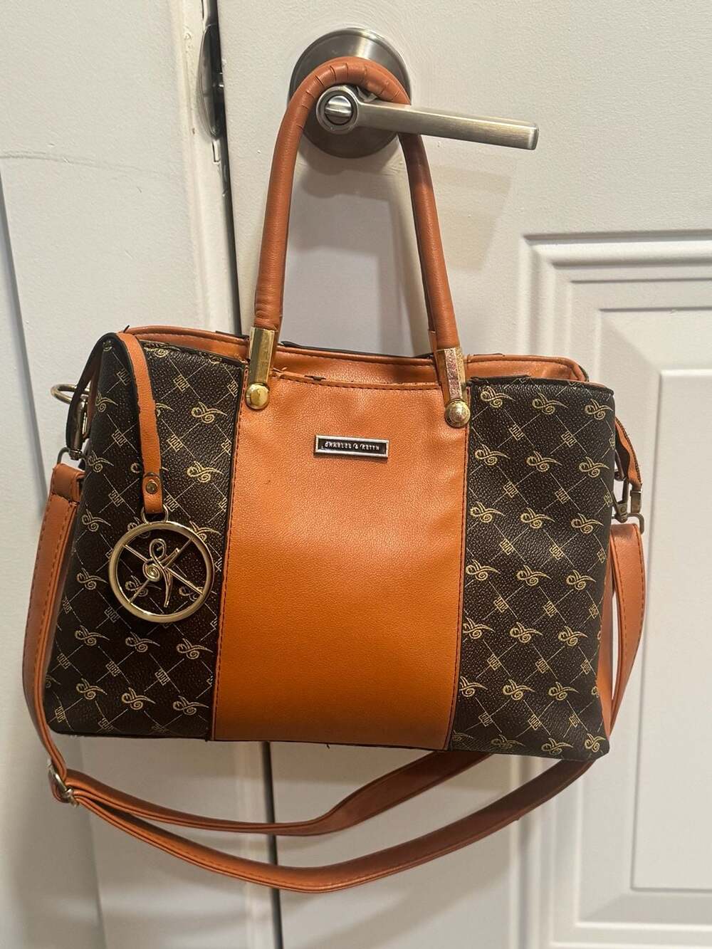 Charles & Keith Monogram Satchel Crossbody Top Handle Bag Brown Cognac